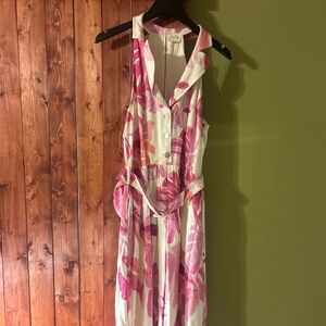 Pink Floral Linen Midi Dress